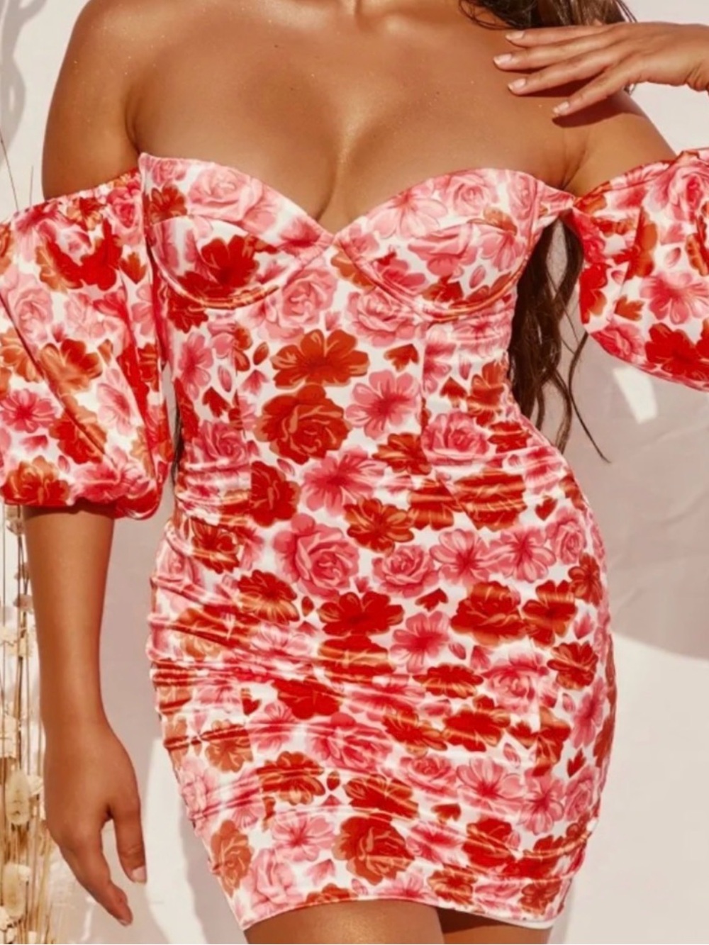 Oh Polly Red & Pink Floral Off-Shoulder Bodycon Dress